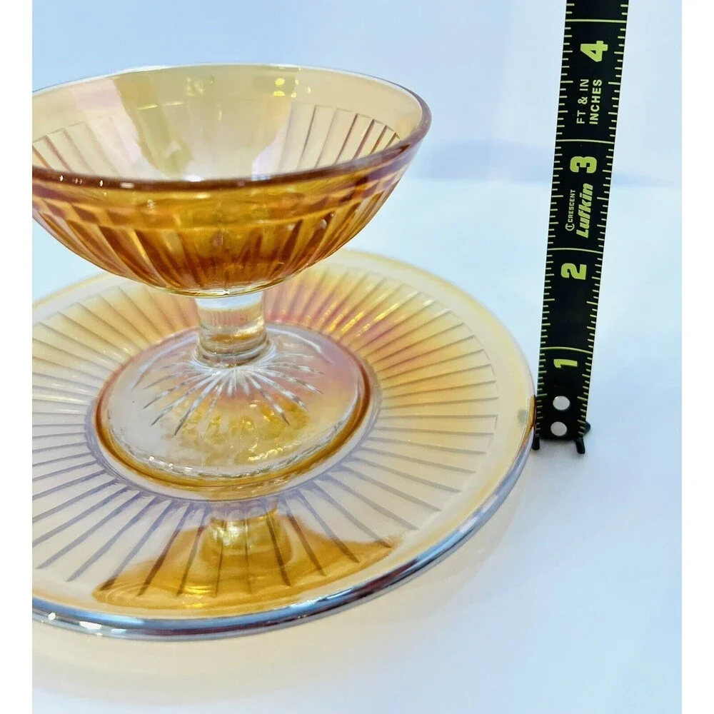 Imperial Marigold Carnival Glass Sherbet Dish & Underplate Vintage Set